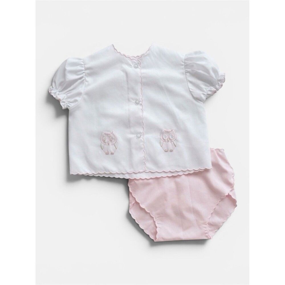 Vintage 80s Auraluz Baby Owl Embroidered Bloomer Set Pink White Heirloom 3M